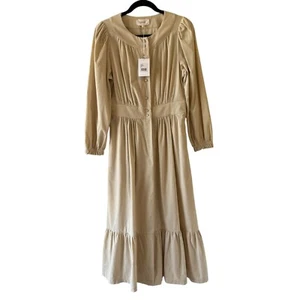 XIRENA Greta Dress Size M Bisque Corduroy Ruffle Midi Prairie Modest A-Line - Picture 1 of 14