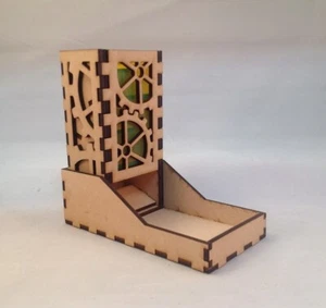 Gears Dice Tower & Tray Neon Yellow Acrylic Window COMPACT DESIGN Laser Cut MDF - Picture 1 of 6