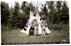Indians at Heckersdorf's Virginia Beach Resort Lake Owen Cable Wisconsin RPPC - Picture 1 of 2