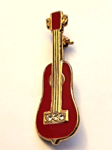 Beautiful Enamel Red Guitar Gold Tone Brooch Pin Rhinestones 1 1/2" Tall - (1) - Picture 1 of 5