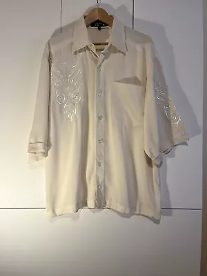 Royal Prestige Short Cuffed Sleeve Button Front Linen Geometric Ethnic Shirt XL - Image 1 of 4