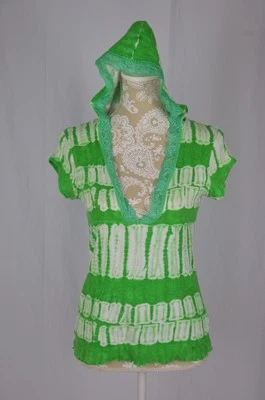 Justice Girls XXL Green White Tie Dye Lace Hooded Short Sleeve V-Neck Shirt Top - Image 1 of 4