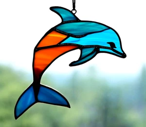 DOLPHIN Handmade Australian Stained Glass OCEAN THEME Window MARINE SUNCATCHER - Picture 1 of 24