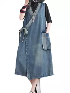 Japanese Womens Luxury Vintage Loose Leisure Belt Clothes Sleeveless Denim Dress - Picture 1 of 25