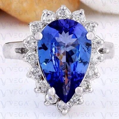 Anillo de diamantes y piedras preciosas de zafiro natural talla pera de 5,80 quilates enchapado en oro blanco de 18 quilates Foto 1 de 4