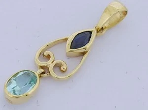 PE065- Exquisite 9ct Yellow Gold Natural Sapphire & Aquamarine Drop Pendant - Picture 1 of 1
