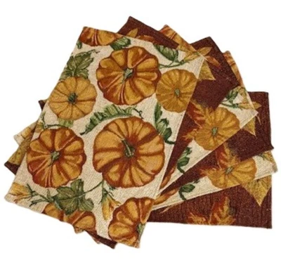 Set of 6 Fall Harvest Placemats Pumpkin & Leaf Woven Metallic Threads 13x19" - Image 1 of 4
