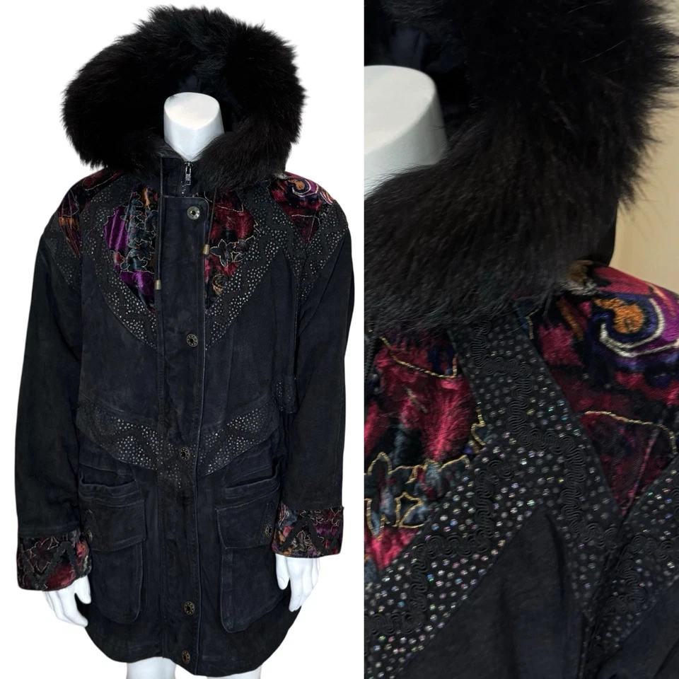 PARKA DE GAMUZA VINTAGE AÑOS 80 con CAPUCHA RIBETE DE PIEL DE ZORRO M Terciopelo Boho Abrigo Chaqueta Retazos Foto 1 de 4