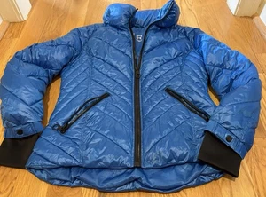 Y2K Guess Down Jacket Womens Large Blue Puffer Ski Coat Outdoor Puffy Black - Picture 1 of 10