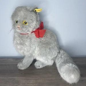 Vintage Steiff Plush Cat Fluffy 2752/35 Minka Grey Gray Yellow Eyes Red Bow - Picture 1 of 9