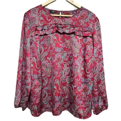 Talbots Woman 2X Paisley Print Ruffle Front Long Sleeve Satin Blouse Top Holiday - Image 1 of 4