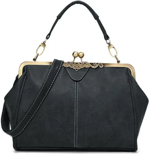 Damen Vintage Retro Kiss Lock Umhängetasche klein mattiertes Leder Handtasche - Bild 1 von 12