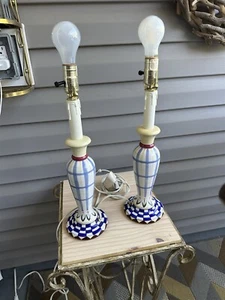 Vintage Lamp Pair Blue Check Tulips Plaid Candlestick Farmhouse Inspired - Picture 1 of 10