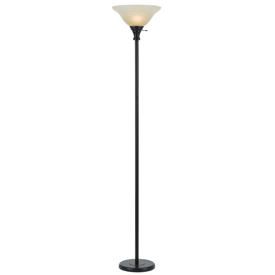 71 Bronze Torchiere Floor Lamp With Beige Frosted Glass Dome Shade - Image 1 of 1