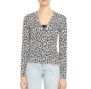 Theory Women Small Jacquard Leopard Print V-Neck Cardigan  Black White Stretchy - Picture 1 of 12