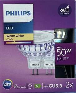 Philips Pack of 2 MR16 LED Replacement lamps 7W 12 Volt 680lm 51mm 36º M258 EXN - Picture 1 of 12