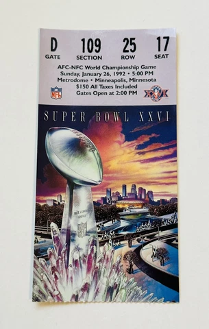 Super Bowl XXVl Bills Vs Washington Rare Original Ticket Stub 1992 Cover