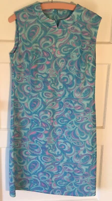 Vintage Retro 60s Abstract Psychedelic Mod Dress Blue 12-14 Original Nylon Swirl - Image 1 of 4