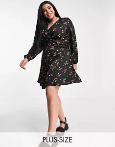 Simply Be Black Cherry Print Twist Front Long Sleeve Skater Dress Size 18 - Picture 1 of 4