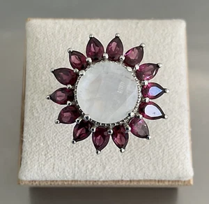 Moonstone & Orissa Rhodolite Garnet Floral Ring 7.10 CTW 925 Sterling Silver SZ6 - Picture 1 of 21