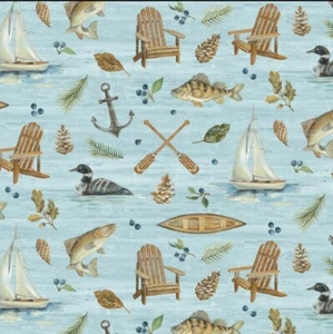 "Lakeside Retreat" Lake, Fishing, Fish Fabric Cotton 1 yd*BTY•Lt. Blue•Fast Ship - Picture 1 of 2