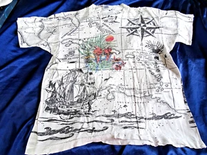 Vintage All Over Print Caribbean Map T-Shirt Thrashed Holes Single Stitch AOP XL - Picture 1 of 8