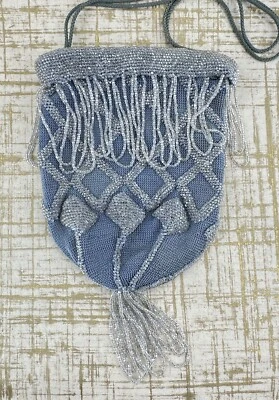 White & Blue Antique Drawstring Reticule with Handmade Crystal Beading c1900 - Image 1 of 4
