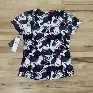 Greys Anatomy Scrub Top Womens Abstract Geometric Purple Gray White Size SMALL - Picture 1 of 5