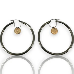 LeVian 14kt Black Gold 2" Diameter Hoop Earring Rose Gold Logo Dangle Accent - Picture 1 of 5
