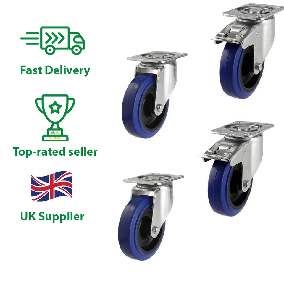 ATLAS HANDLING UK LTD 100mm Rubber Castors Casters Braked and Swivel - flight case or multipurpose