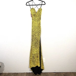 Nuevo con etiquetas Vestido Abby Paris x Lucci Lu 90163 Lentejuelas Negro y Amarillo Abertura Alta Talla 8 - Imagen 1 de 11