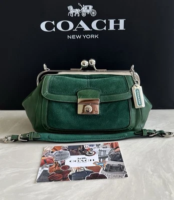 全新 Coach 复古绿色柔软麂皮绒皮革框架 KISSLOCK SATCHEL 9734 — 第 1/4 张图片