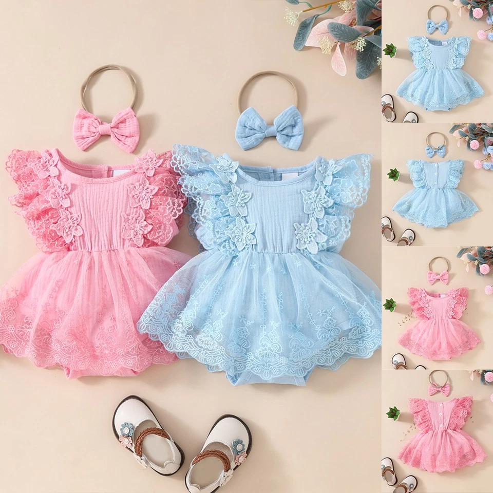 Newborn Baby Girl Lace Ruffle Bodysuit Romper Headband Clothes Floral Outfit Set - Image 1 of 4