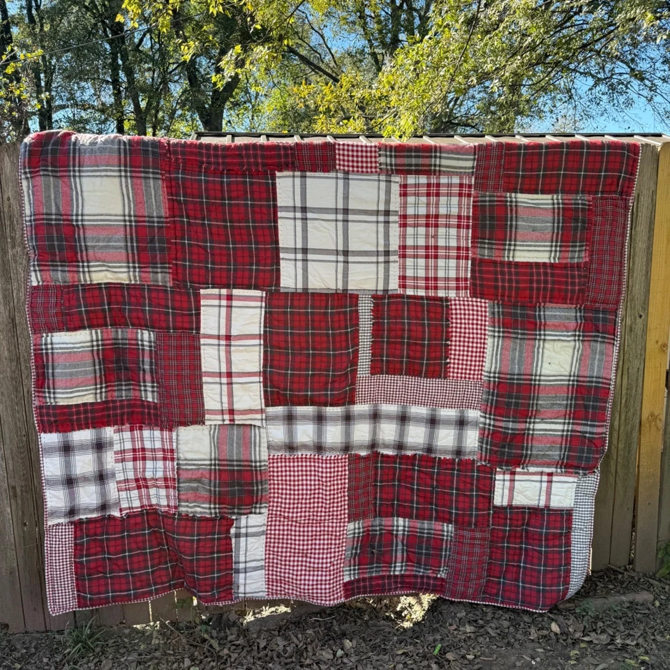 Pottery Barn Cozy Plaid Patchwork King Quilt 85 x 78 Flannel Blanket Red Cream - Image 1 of 4