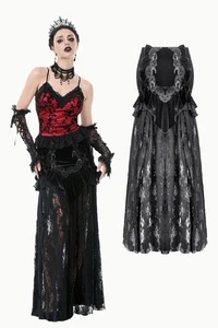 Dark In Love Women Black Gothic Velvet Sheer Lace Panelled Long Fishtail Skirt - Picture 1 of 22