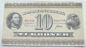 1936 Denmark 10 Kroner Banknote - Denmark Note - Ten - Ti Kroner - Free Shipping - Picture 1 of 2