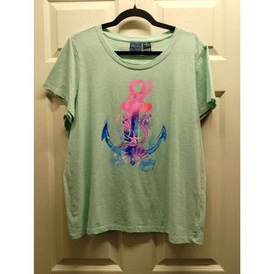 Caribbean Joe Women Size XL Green Colorful Anchor Beach Short Sleeve Graphic Tee - Image 1 of 4