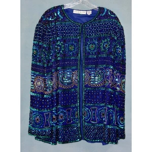 Chaqueta Blazer Cárdigan SCALA Diseñador Hollywood LENTEJUELAS CON CUENTAS PESADAS 4x - Imagen 1 de 8
