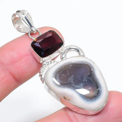 Ciondolo pietra preziosa quarzo fumè agata muschio bianco gioielli fatti a ma... - Immagine 1 di 4