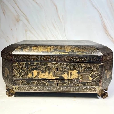Antique Chinese Export 19th Century Black Lacquered and Gilt Sewing Box - Image 1 of 4