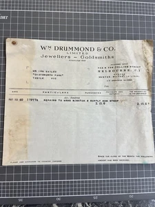 VINTAGE DOCUMENT RECEIPT WILLIAM DRUMMOND JEWELLERS GOLDSMITHS MELBOURNE BAYLES - Picture 1 of 4