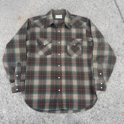 Vtg Pendleton Western Wear Wool Plaid Shirt Pearl Snap Washable Men's Sz large - Image 1 of 4
