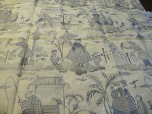 New Chinoiserie Toile Embroidered Linen Fabric, Blue on Ivory, 52in L x 52in W - Picture 1 of 9
