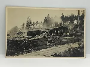 Antique RPPC Real Photo Postcard LUMBERJACKS Sawmill Lumber Mill w/ Sawdust Pile - Picture 1 of 2