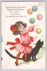 Black Cat TUCK Valentine Postcard Buster Brown Mary Jane Juggling Balls - Picture 1 of 3