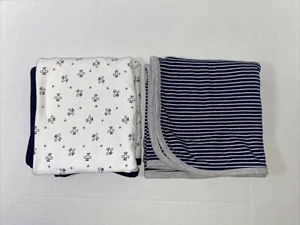 Two Navy Blue Baby Blankets Airplanes Stripes - Picture 1 of 10