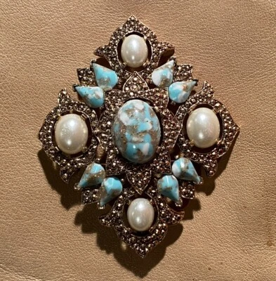 Sarah Coventry 1968 FAUX TURQUESA PÉROLA Cabochão LEMBRANÇA Broche Fivela de Cinto - Imagem 1 de 4