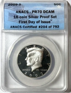 2009-S ANACS 90% Silver Proof Half Dollar PR70 DCAM-FIRST DAY OF ISSUE - Picture 1 of 2