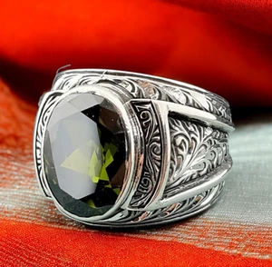 925 Sterling Silver Men's Ring, Peridot Stone Men Ring, Vintage Style Men's Ring - Picture 1 of 11