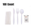 100 Pack - Wrapped Cutlery Kit 6 in 1 - Fork/Spoon/Knife/Napkin/Salt/Pepper